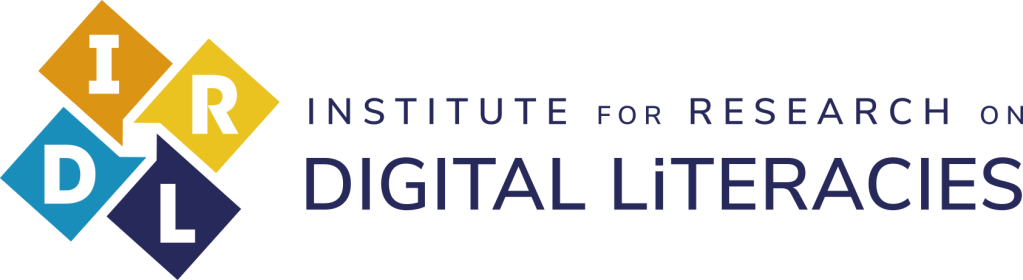 A logo. It reads Institute for Research on Digital Literacies. A stylized IRDL sits to the left side of the text, arranged in orange, yellow, and blue squares.