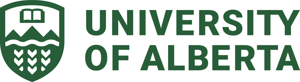 A logo for the university of alberta. In addition to the text, a shield feature wheat, mountains, and a book is part of the logo.